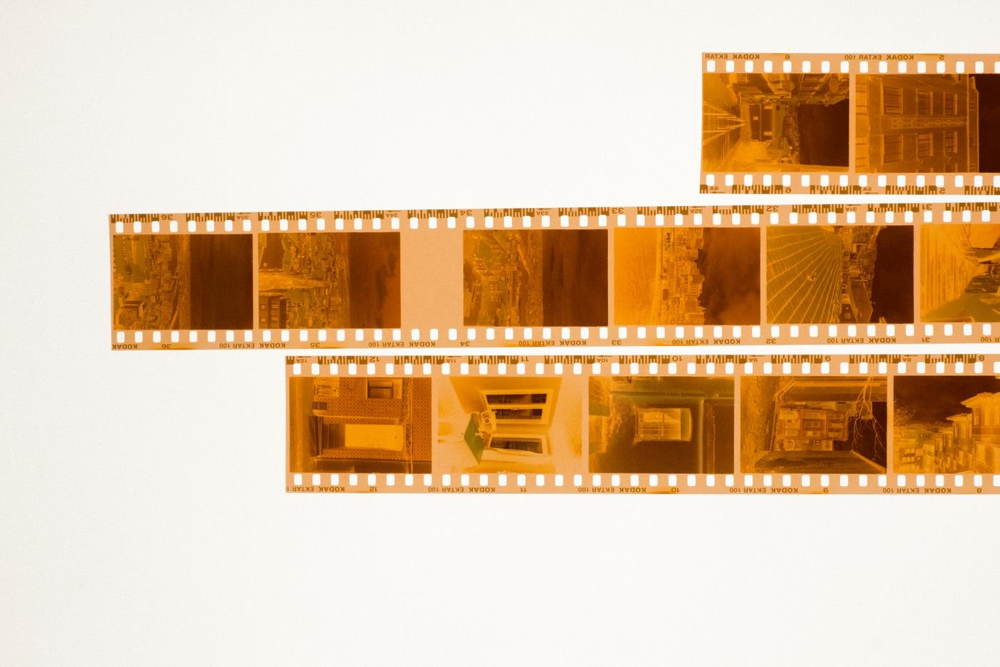 Strips of 35mm negatives laid out on an illuminated light table